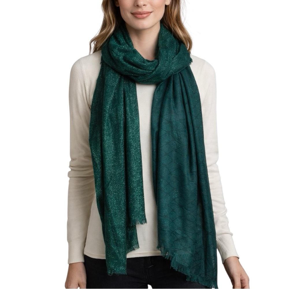 Nine West Teal Green Metallic Shimmer 72”x30” Scarf Shawl Diamond Jacquard Wrap